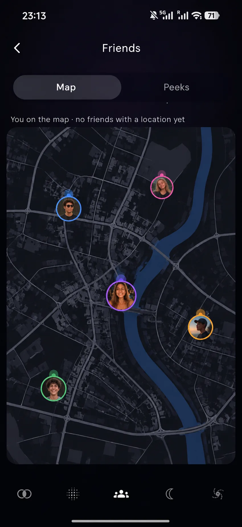 Dxstinity friends screen: a city map with friends' avatars as pins